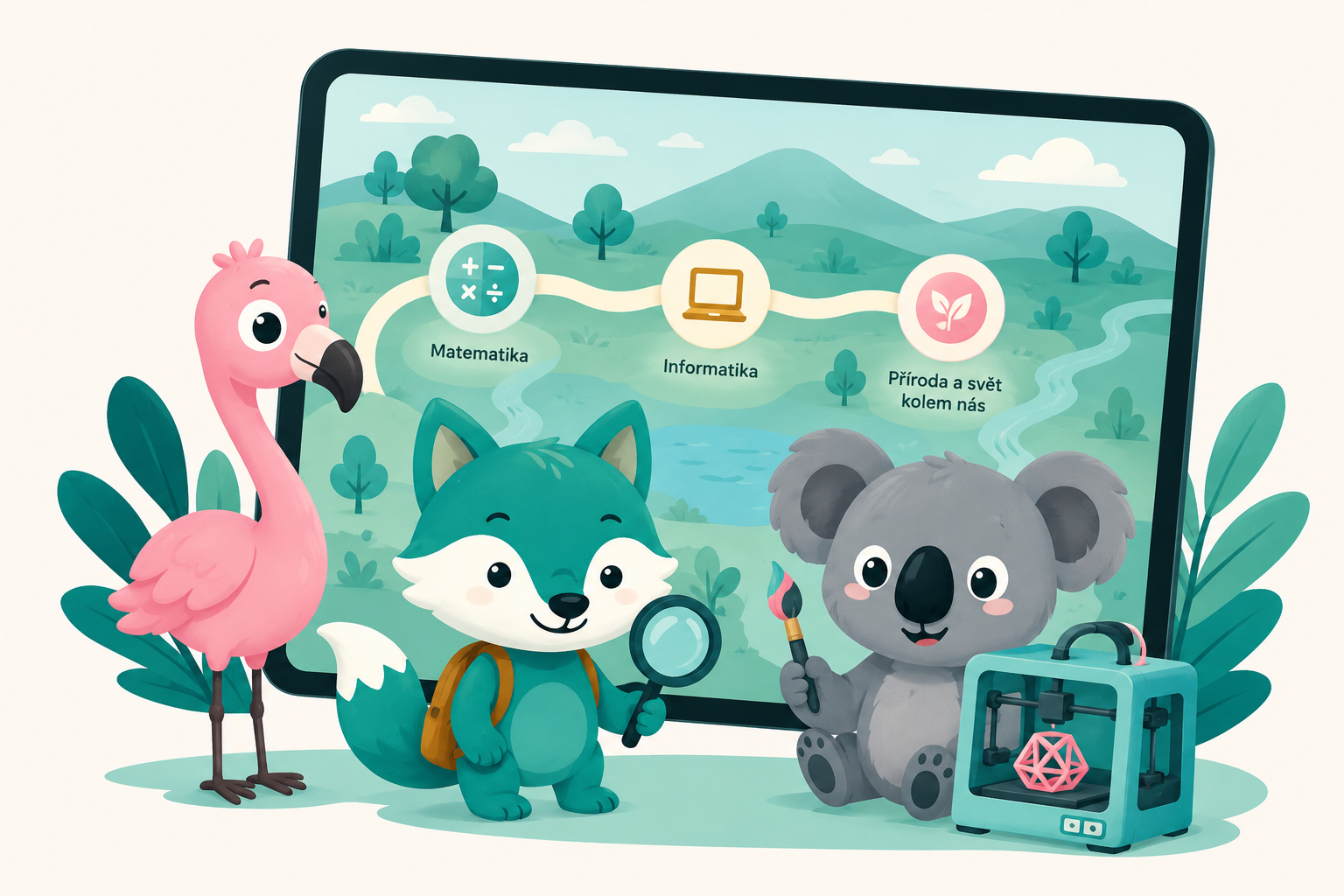 Liška, plameňák a koala u tabletu s mapou předmětů